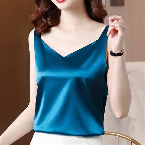 Alsliao Elegant Womens Ol Silk Satin Sleeveless Tops Summer Tank Shirts