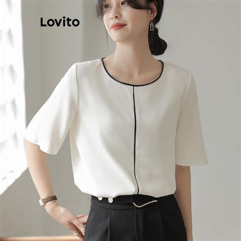 Lovito Women Casual Plain Contrast Binding Structure Line Blouse