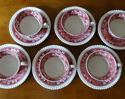 Copeland Spode Tower Vintage Pink Red China Tea Cups W Saucers For Art