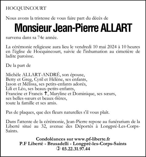 Avis De Décès De Jean Pierre Allart Pompes Funèbres Liberté Brusadelli