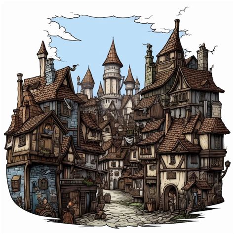 Premium AI Image | Cartoon drawing of a medieval town with a castle in ...