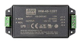 IRM 45 12ST MEAN WELL POWER SUPPLY AC DC 12V 3 8A ROHS COMPLIANT