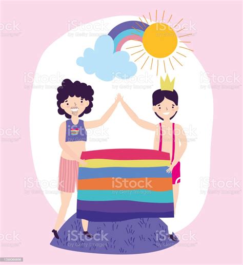 Pride Parade Lgbt Community Couple Men With Crown And Rainbow Flag Celebration Stock