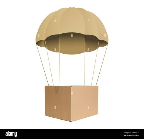 Cardboard Box With Parachute Flying On White Background Stock Photo Alamy