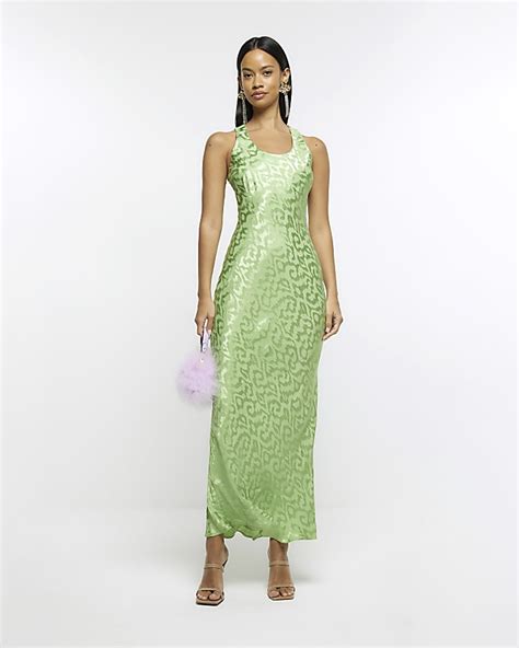 Green Jacquard Slip Maxi Dress River Island