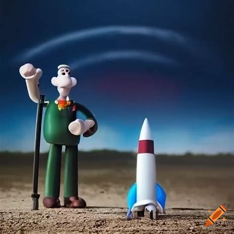 Wallace And Gromit Standing Next To An Orange Moon Rocket Claymation