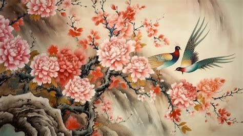 A painting of a bird with a pink flower in the background. | Premium AI ...