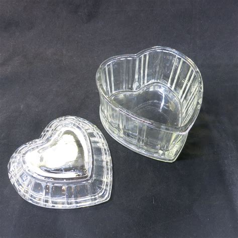 Vintage Large Clear Crystal Glass Heart Shaped Candy Dish With Lid