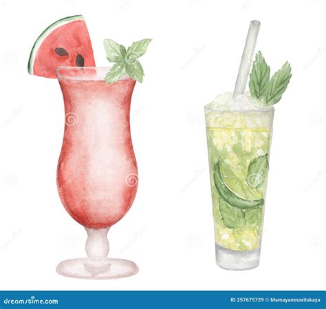 Watercolor Hand Drawn Cocktail Illustration Set With Watermelon And Lime Beverages Clipart For