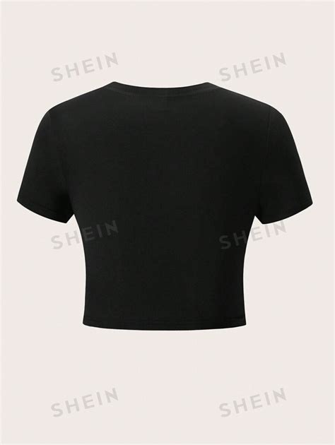 SHEIN EZwear Camiseta Corta Ajustada Para Mujer Con Estampado De