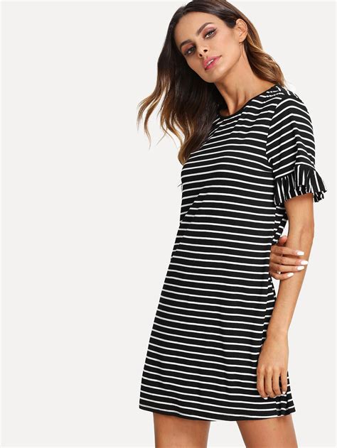 Flounce Sleeve Striped Tunic Dress Shein Sheinside