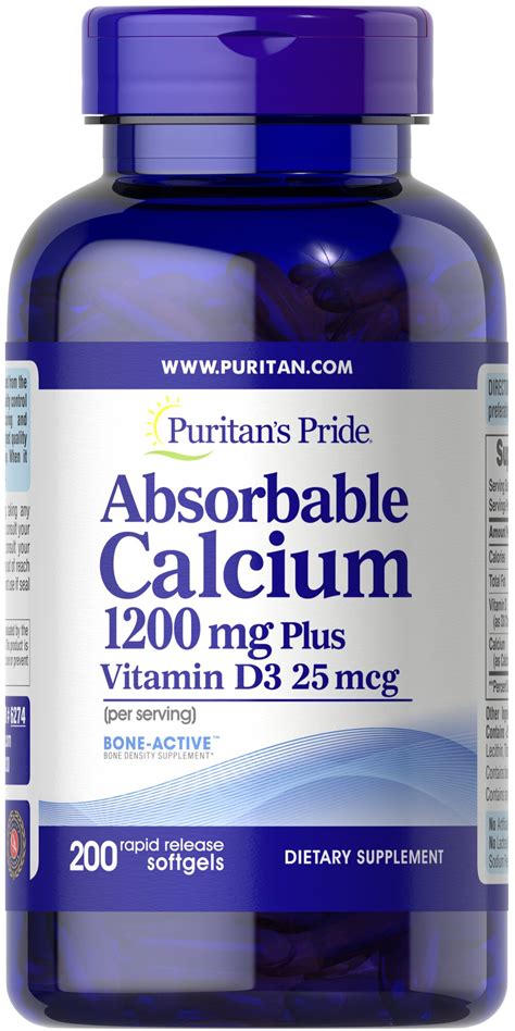 Absorbable Calcium 1200 Mg Plus Vitamin D3 25 Mcg 200 Rapid Release Softgels 6274 Puritan S