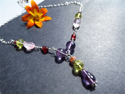 Amethyst Citrin Sunstone Rose Quartz Garnet Colorful Necklace Chain