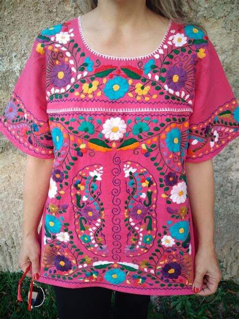 Xl Mexican Boho Huipil Embroidered Blouse Dress Peasant Etsy