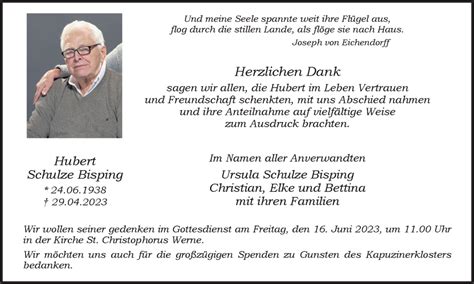 Traueranzeigen Von Hubert Schulze Bisping Sich Erinnern De