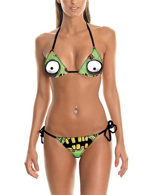 Emmiol Free Shipping D Funny Eye Print Halter Bikini Set Green