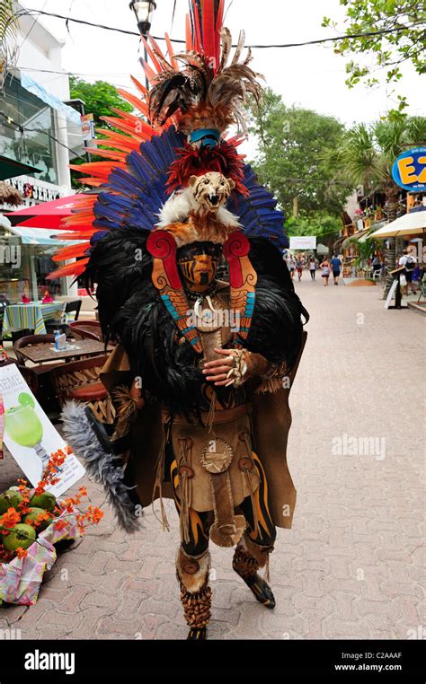 Man Wearing Traditional Mayan Costume In Playa Del Carmen Quintana Roo