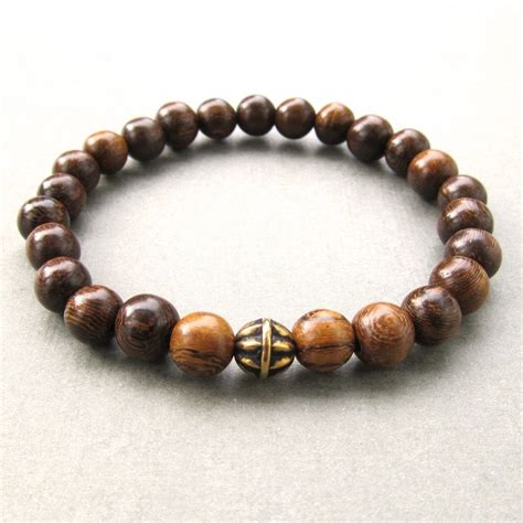 Mens Brown Robles Wooden Beaded Stretch Bracelet With Antique Gold Bead By Lowusu On Etsy