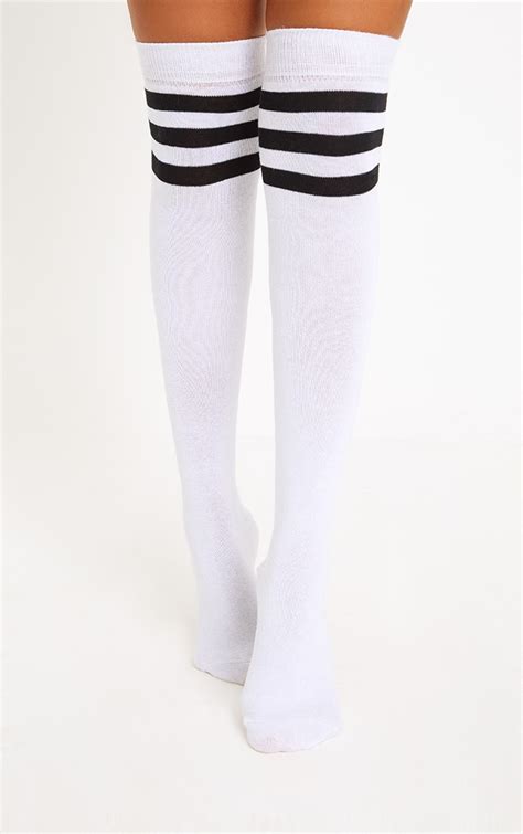 White And Black Striped Over The Knee Socks Prettylittlething Il