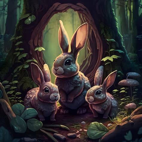 Premium Photo A Painting Of Three Rabbits In A Tree Stump With