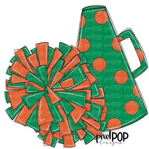 Cheerleading Megaphone And Poms Green And Orange Png Cheerleading