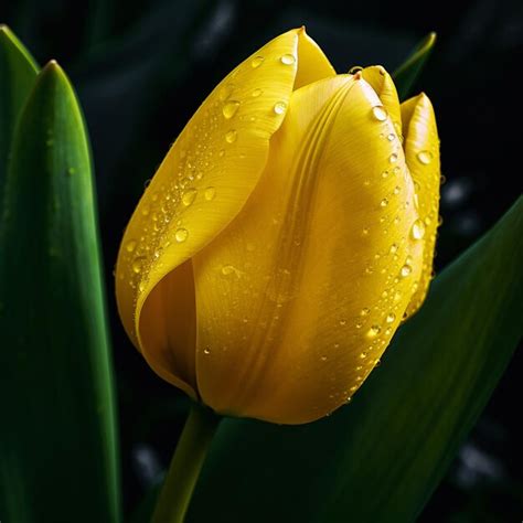 Premium AI Image Yellow Tulip With Water Droplets On It In The Dark