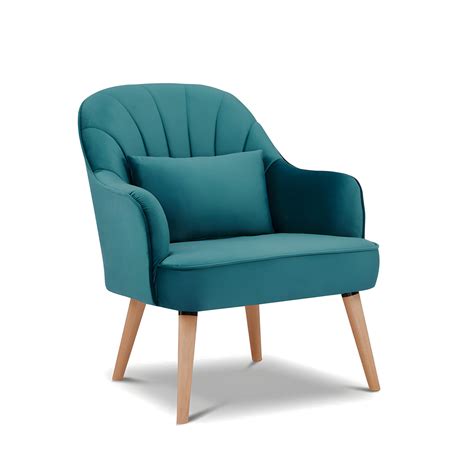 Fauteuil En Velours Bleu Canard Avec Coussin Et Pieds Bois Loukia