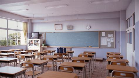 Japanese Classroom Interior With Wooden Desks And Chairs