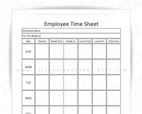 Weekly Employee Timesheet Log With Breaks and Lunch Printable and Input Fields Fillable PDF ...