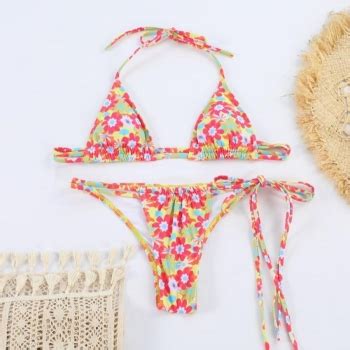 Wholesale Sexy Floral Printing Padded Halter Neck Tied Triangle Bikini
