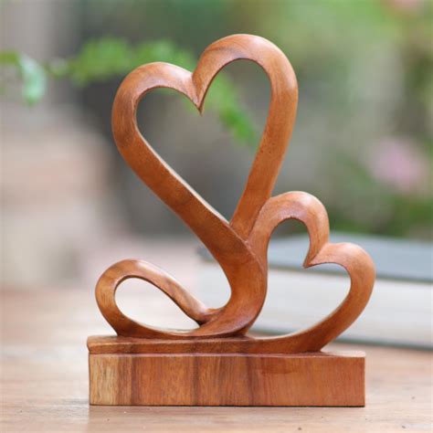 Carved Wood Romantic Sculpture Two Hearts Novica