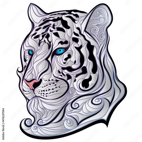 White Bengal tiger head with wavy hair. Snow tiger muzzle with blue eyes in tattoo style ...