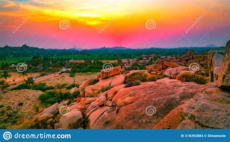 Majestic Sunset In The Ruins Of Ancient Vijayanagara Empire Hampi