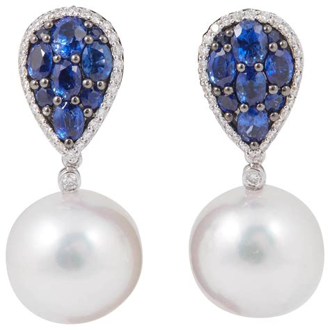 Sapphire And Diamonds With Dangle South Sea Pearl Earrings For Sale At