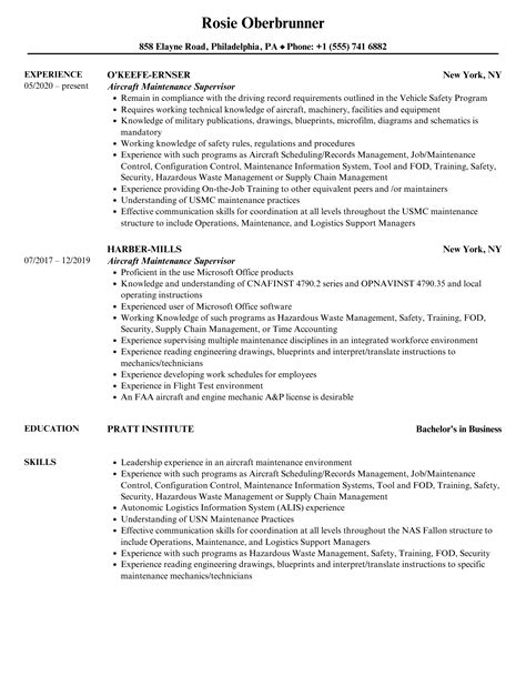 Aircraft Maintenance Supervisor Resume Samples Velvet Jobs