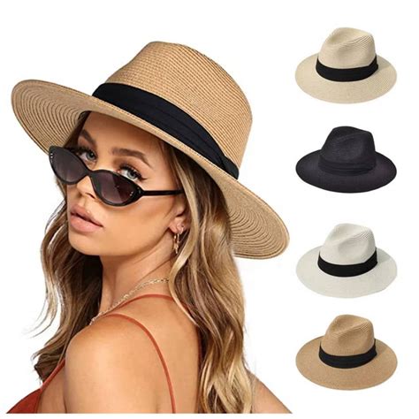 Udiyo Women Wide Brim Straw Panama Roll Up Hat Fedora Beach Sun Hat