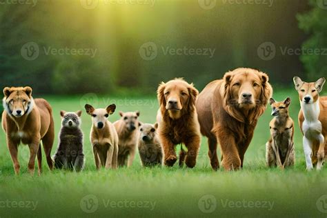 A Group Of Dogs And Puppies Running In The Grass Ai Generated 32134660