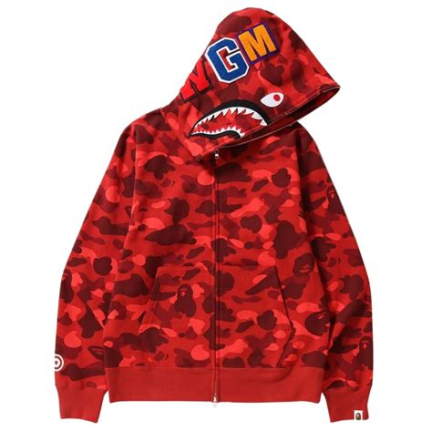 A Bathing Ape Men Color Camo Shark Full Zip Hoodie Red