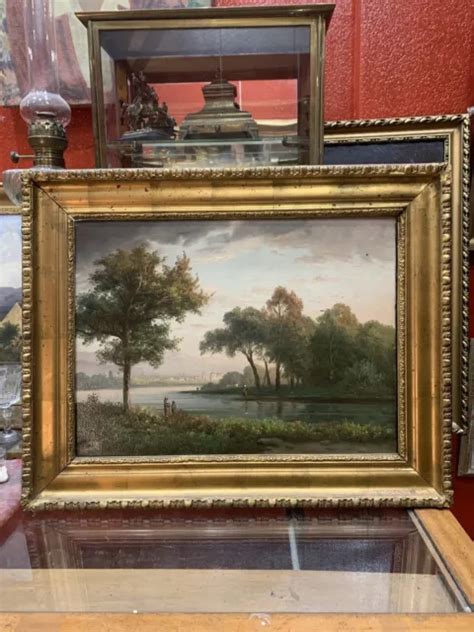 Ancien Grand Tableau Huile Sur Toile Paysage Bord De Rivi Re Xixe Eur