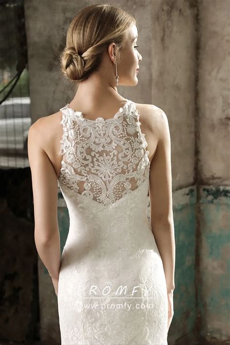 Classic Ivory Lace Sleeveless Illusion Neckline Mermaid Wedding Dress