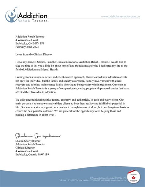 Letter From Clinical Director Addiction Rehab Toronto