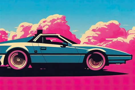 Arte dos anos 80 do estilo synthwave do carro da onda retrô Foto Premium