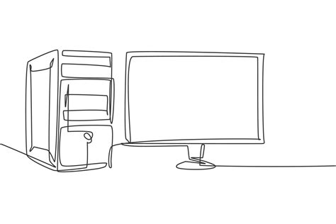 Single continuous line drawing of cpu computer unit and screen monitor ...