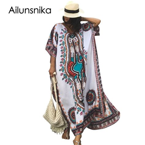 Ailunsnika New Arrival Women Summer African Ethnic Print Kaftan Maxi