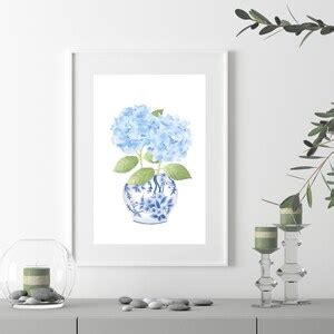 Blue Chinoiserie Art Ginger Jar Painting Blue Hydrangea Print Ginger