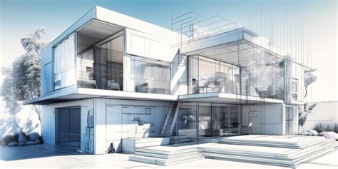 Rendering of a modern house with the blueprint | Premium AI-generated image