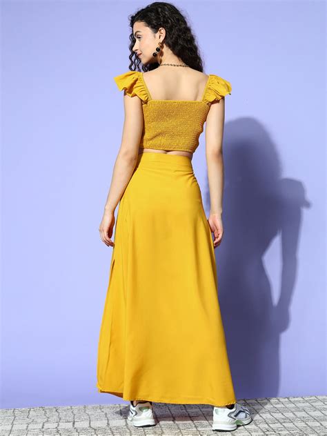 Women Solid Yellow Square Neck Side Slit Smocked Crop Top And Maxi Skirt