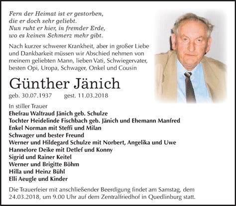 Traueranzeigen von Günther Jänich abschied nehmen de