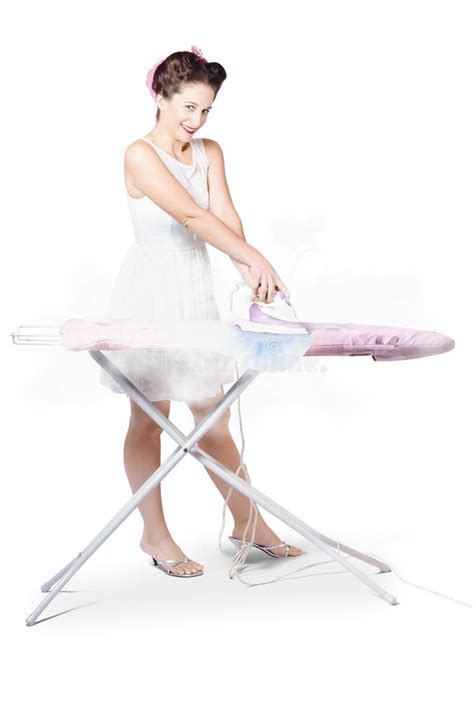 Cleaning Lady Steam Pressing Ironing Board Cover Stock Photo Image Of