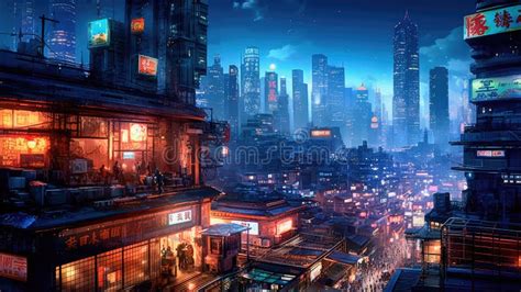 Lovely Anime Cyberpunk City Painting, Digital Painting, Night. Generative AI Stock Photo - Image ...